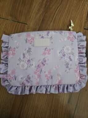 LoveShackFancy x Yoobi Purple Bow Print Ruffle Makeup Bag Zipper Pouch Floral